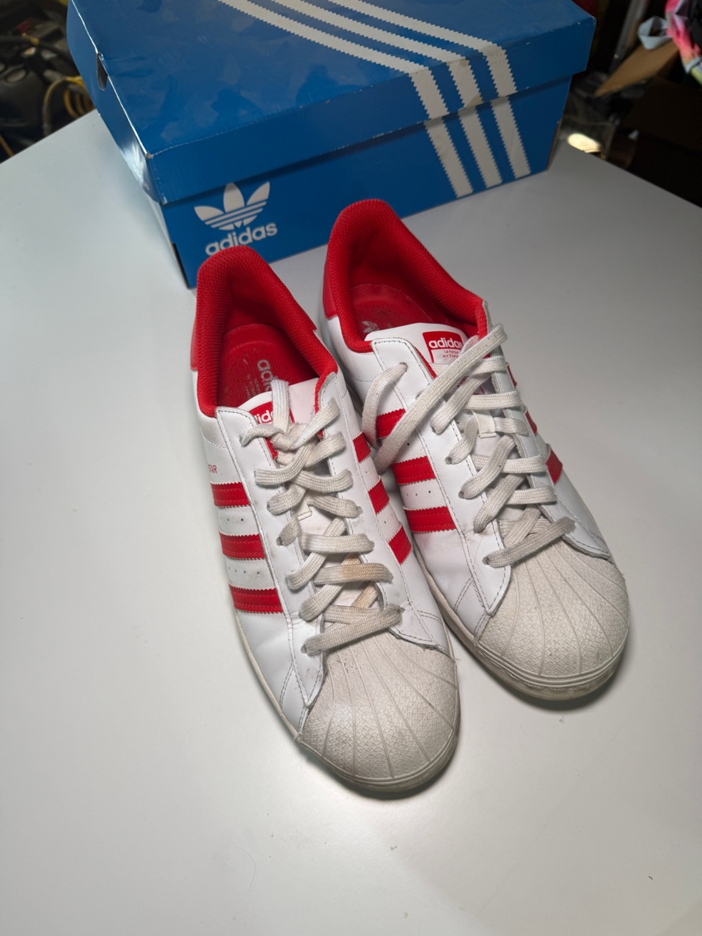 Adidas Men’s White & Red Super Star Classic Athletic Sneakers